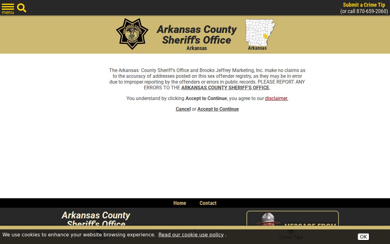 Arkansas County sex offender lookup sheriff disclaimer
